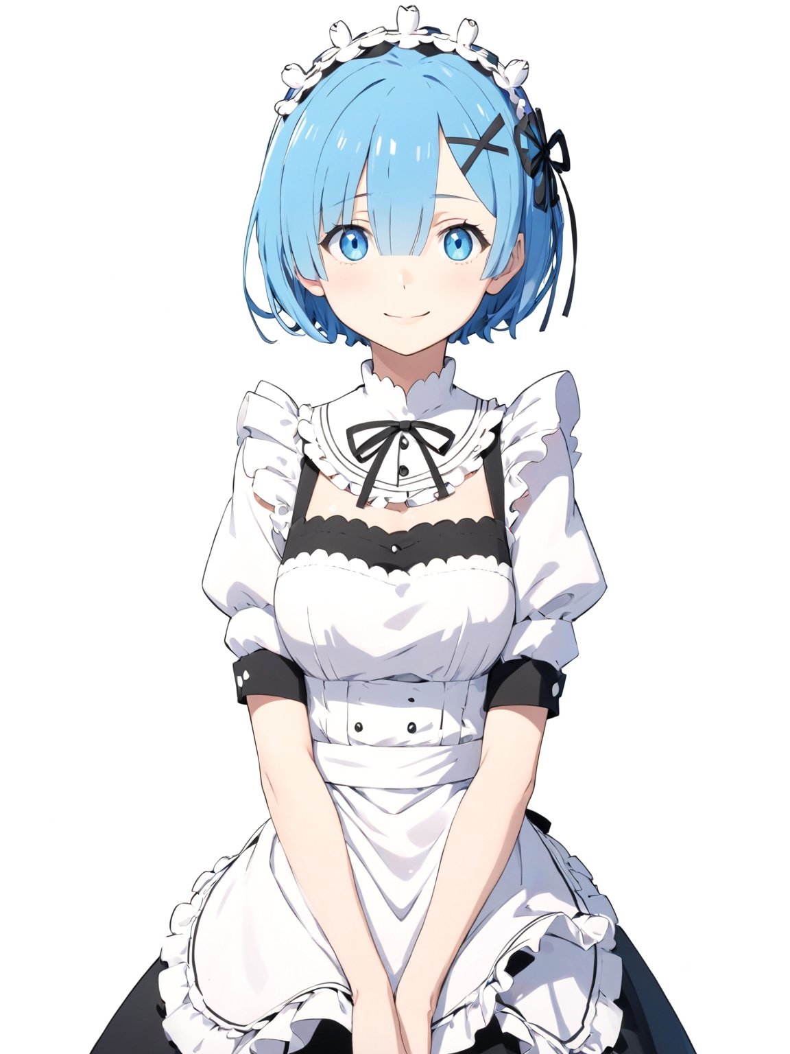 //Quality,
masterpiece, best quality, detailed
,//Character,
solo,rem \(re_zero\), 1girl, blue eyes, blue hair, short hair
,//Fashion,
roswaal mansion maid uniform, hair ribbon
,//Background,
white_background, simple_background
,//Others,
smile, V