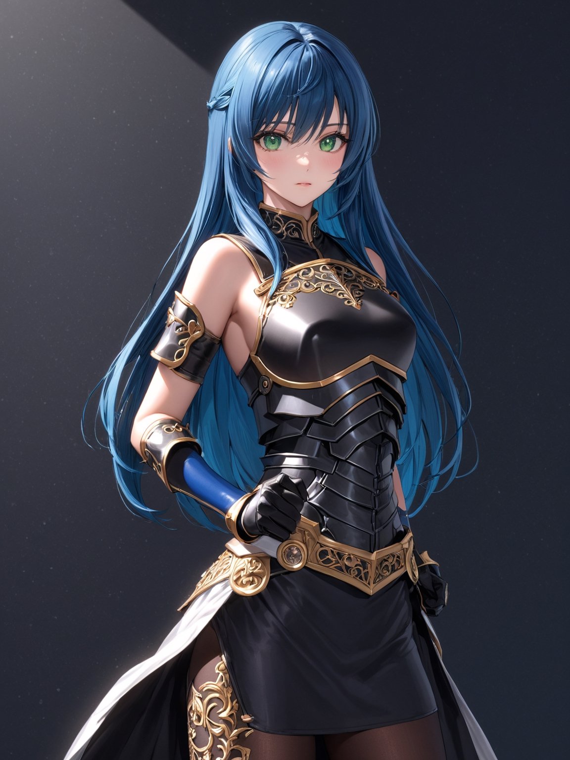 //Character, solo,MariaTraitor_SO3, 1girl, green eyes, long hair, blue hair, 
//Fashion, armor, fingerless gloves, pantyhose,
//Background, simple background, 
//Quality, (masterpiece), best quality, ultra-high resolution, ultra-high definition, highres, intricate, intricate details, absurdres, highly detailed, finely detailed, ultra-detailed, ultra-high texture quality, natural lighting, natural shadow, dramatic shading, dramatic lighting, vivid colour, perfect anatomy, 
//Others, gun