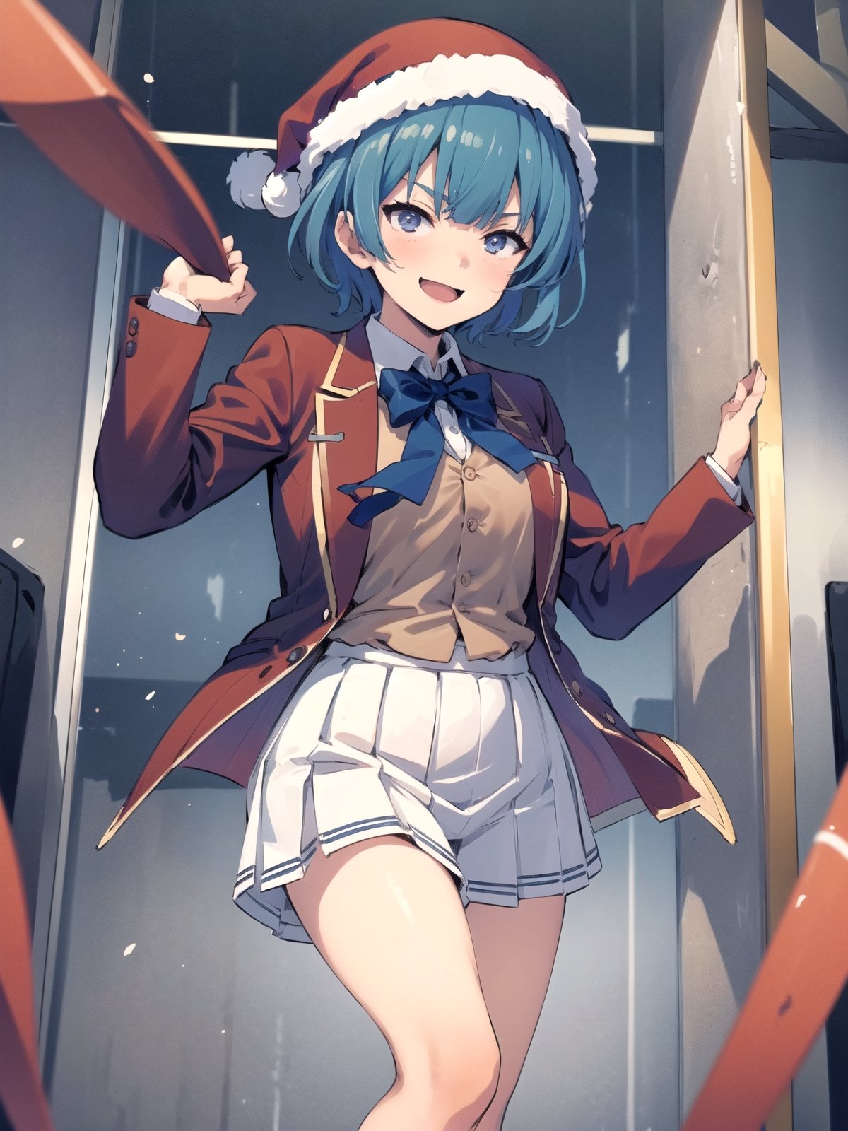 //Quality,
(masterpiece), (best quality), 8k illustration,
//Character,
overlordentoma, 1girl, solo, smile, 
//Fashion,
santa_costume,
//Background,
indoors, christmas, 
//Others,
aquascreaming,1girl ibuki mio short hair blue hair