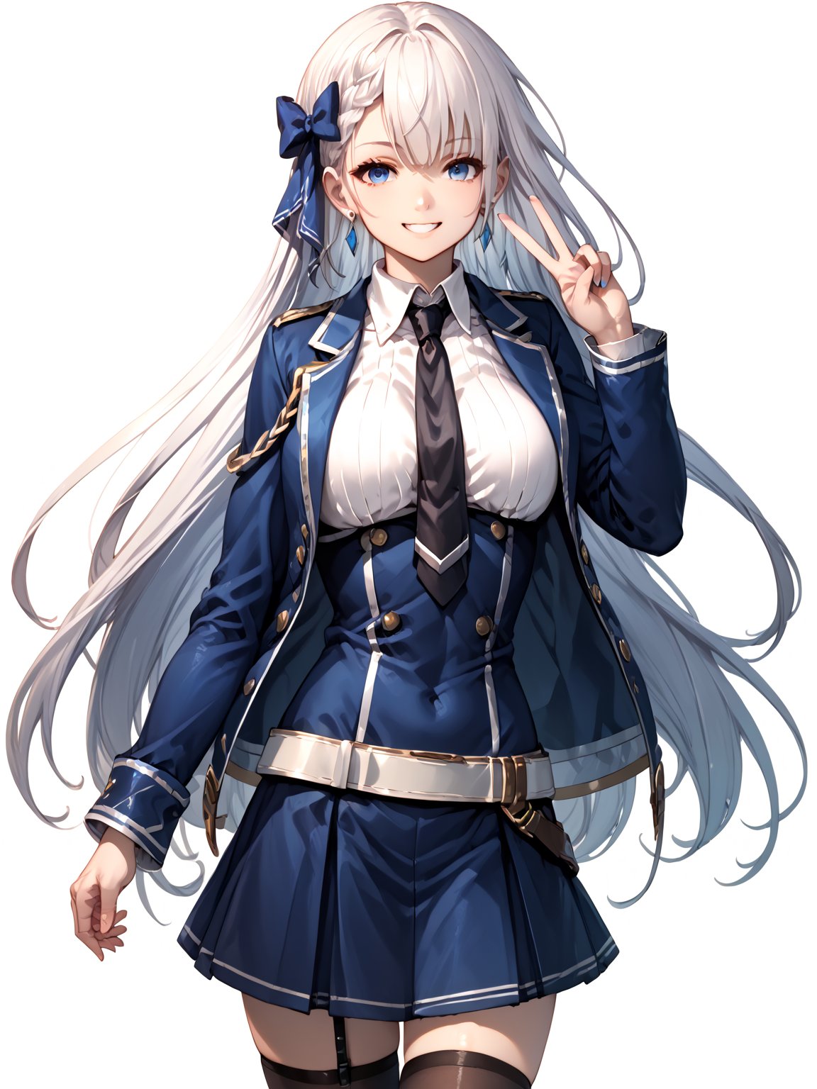 score_9,score_8_up,score_7_up,score_6_up, masterpiece, best quality
,//Character, 
1girl, solo,RiseliaRayCrystalia, very long hair, white hair, braid, blue eyes, medium breasts
,//Fashion, 
earrings, hair bow, long sleeves, white shirt, collared shirt, black necktie, blue jacket, blue skirt, pleated skirt, black thighhighs, belt
,//Background, white_background
,//Others,
making a V sign, smile,Expressiveh