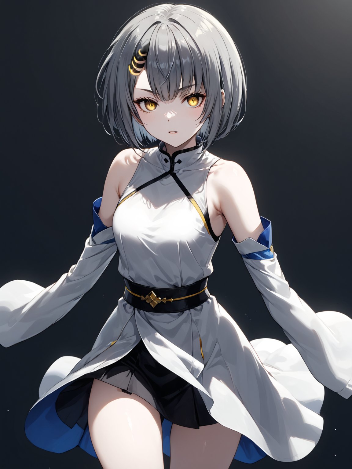 best quality, 8k, 8k UHD, ultra-high resolution, ultra-high definition, highres
,//Character, 
1girl, solo
,//Fashion, 
,//Background, 
,//Others, ,Expressiveh, 
Ataru, short hair, grey hair, yellow eyes, heterochromia, glowing, single horn, dress, legs,
A martial artist mid-kick, her gi revealing a glimpse of athletic physique.