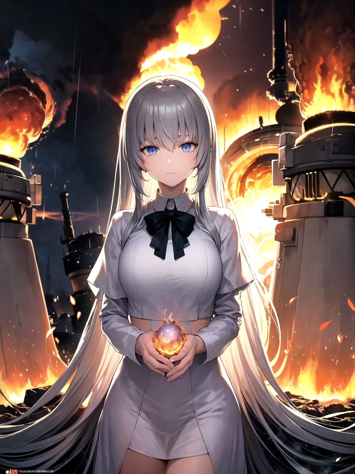 (((masterpiece))),best quality, illustration,(beautiful detailed girl),beautiful detailed glow,((flames of war)),(((nuclear explosion behide))),rain,detailed lighting,detailed water,(beautiful detailed eyes),expressionless,palace,azure hair,disheveled hair,long bangs,hairs between eyes,(whitegrey dress),black ribbon,white bowties,midriff,big forhead,blank stare,flower,long sleeves