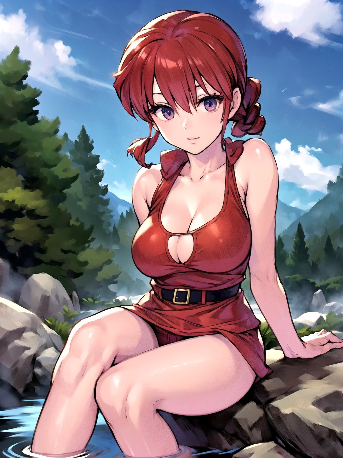 1girl, solo, Hot springs, Ranma style, female Santa,RanmaChan, red_hair