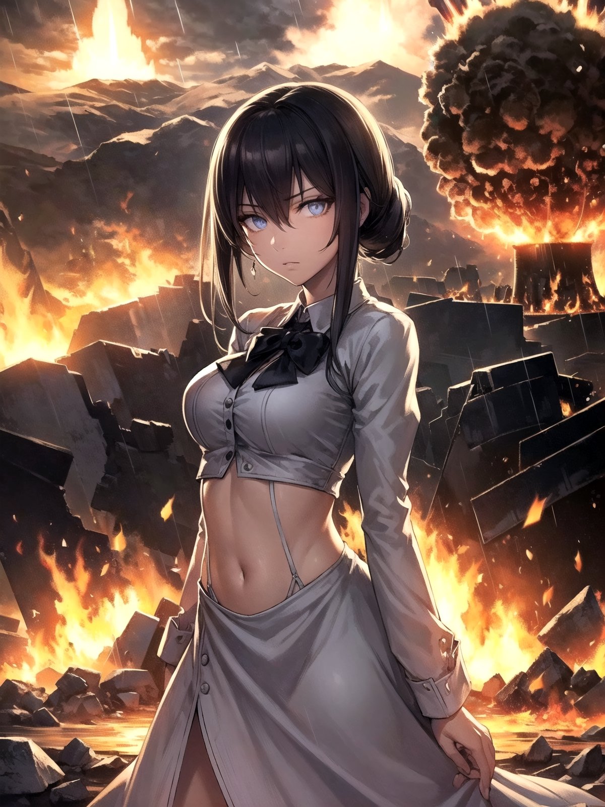 (((masterpiece))),best quality, illustration,(beautiful detailed girl),beautiful detailed glow,((flames of war)),(((nuclear explosion behide))),rain,detailed lighting,detailed water,(beautiful detailed eyes),expressionless,palace,azure hair,disheveled hair,long bangs,hairs between eyes,(whitegrey dress),black ribbon,white bowties,midriff,big forhead,blank stare,flower,long sleeves