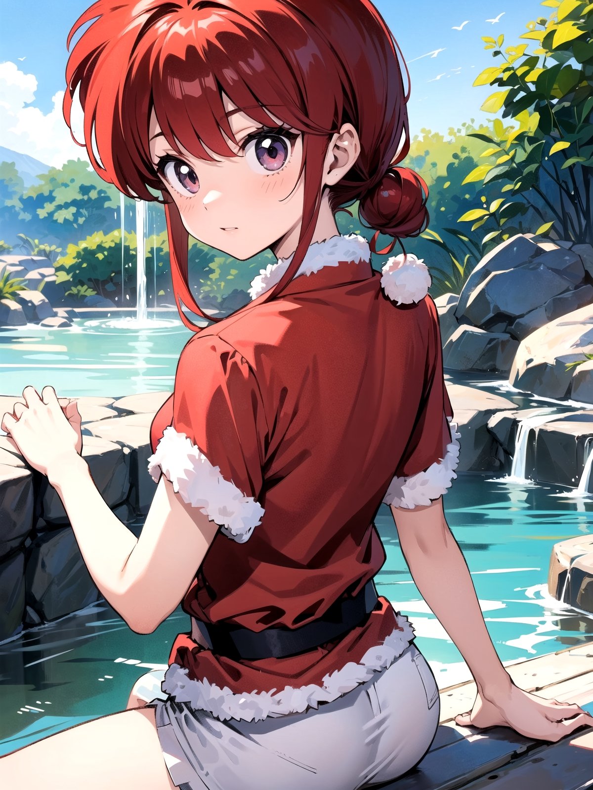 1girl, solo, Hot springs, Ranma style, female Santa,RanmaChan, red_hair