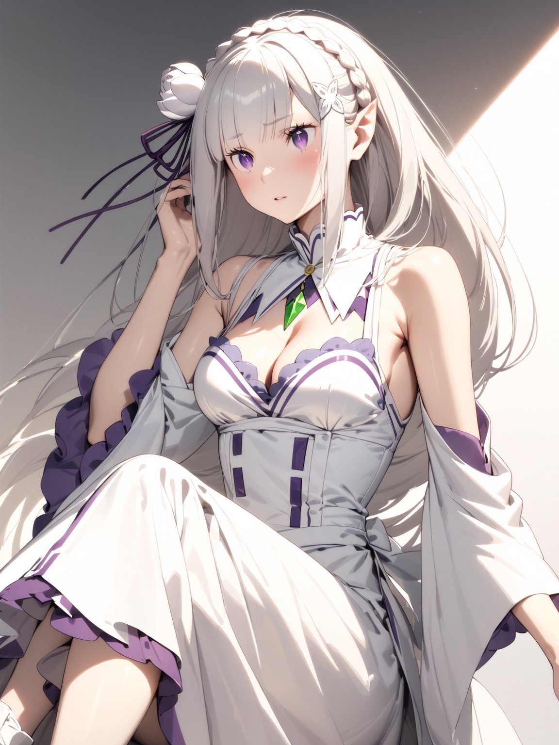 //Character, solo,emilia \(re_zero\), 1girl, long hair, white hair, purple eyes crown braid, pointy ears, 
//Fashion, white dress, hair ornament, hair ribbon, purple ribbon, bare shoulders, cleavage, white footwear,
//Background, simple background, 
//Quality, (masterpiece), best quality, ultra-high resolution, ultra-high definition, highres, intricate, intricate details, absurdres, highly detailed, finely detailed, ultra-detailed, ultra-high texture quality, natural lighting, natural shadow, dramatic shading, dramatic lighting, vivid colour, perfect anatomy, 
//Others, 