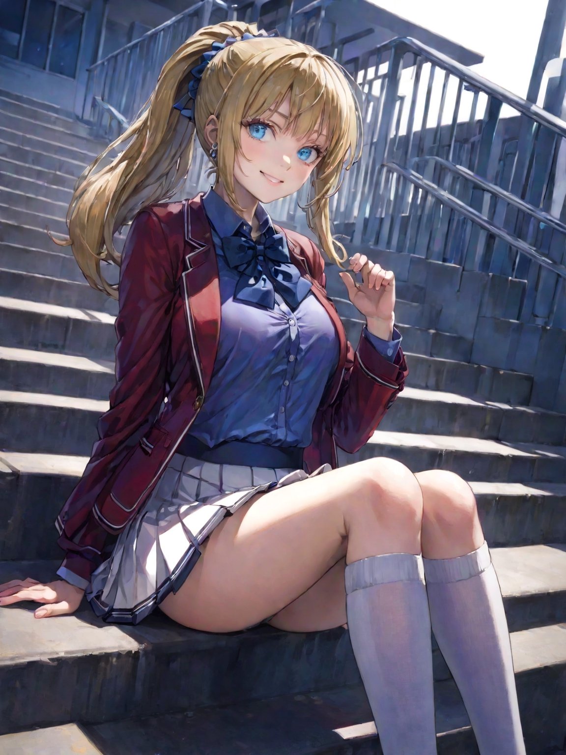 //Quality,
masterpiece, best quality, detailed
,//Character,
1girl, solo,KaruizawaKei, 1girl, blue eyes, blonde hair, ponytail, bangs, breasts, hair ornament
,//Fashion,
school uniform, red jacket, open jacket, hair scrunchie, bowtie, white skirt, pleated skirt, kneehighs, white socks, shoes
,//Background,
school stairs
,//Others,
sitting, smile