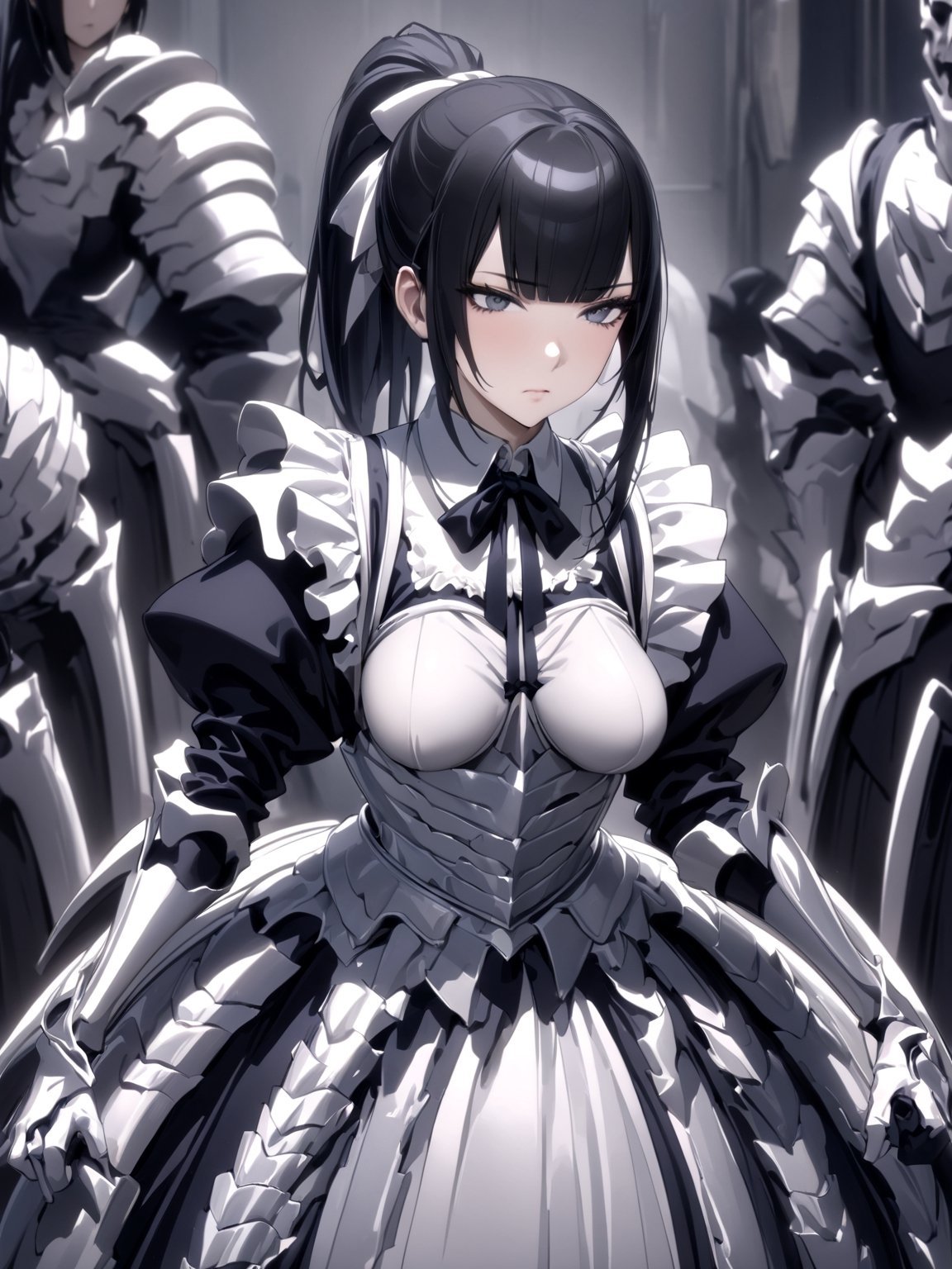 //Quality,
masterpiece, best quality, detailed
,//Character,
1girl, solo
,//Fashion,
,//Background,
,//Others,
,narberal gamma \(overlord\), 1girl, long hair, black hair, glay eyes, bangs, ponytail, medium breats, ribbon, bow, maid, dress, armor, gloves