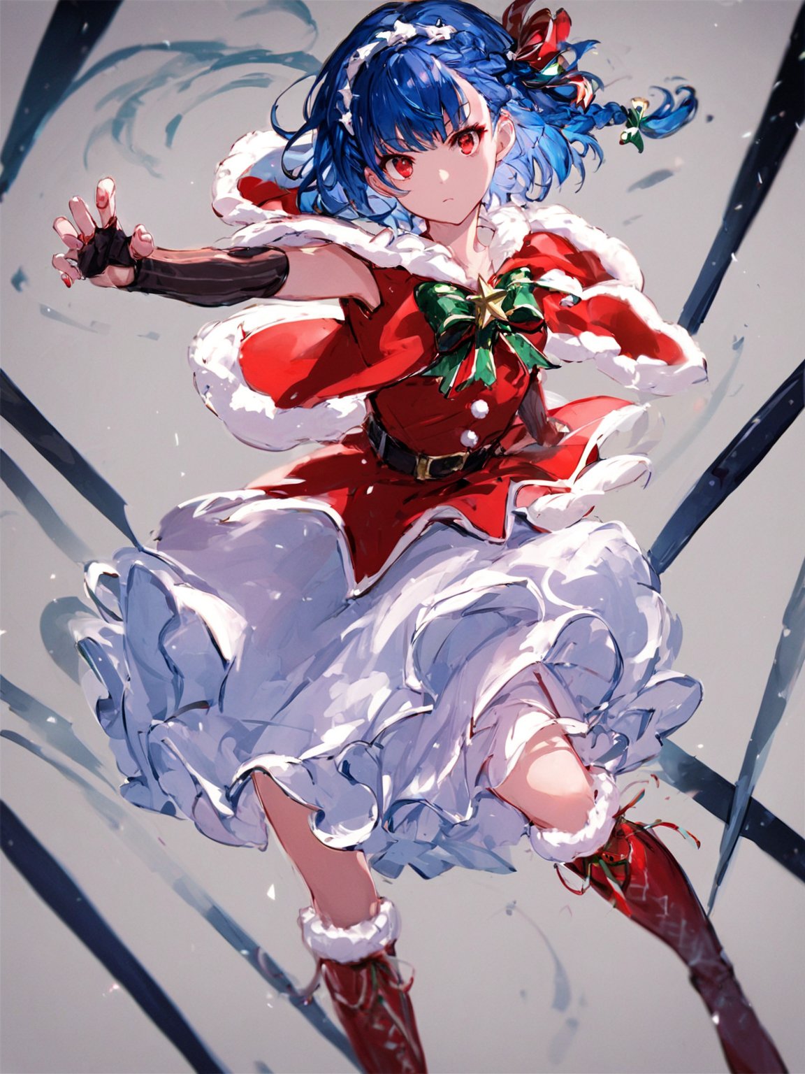 score_9,score_8_up,score_7_up,score_6_up, masterpiece, best quality
,//Character, 
1girl, solo, short hair, blue hair, shiny hair, red eyes, bangs, braid
,//Fashion, 
santa_costume, hair ribbon
,//Background, white_background
,//Others, ,Expressiveh,
dynamic pose, dark energy