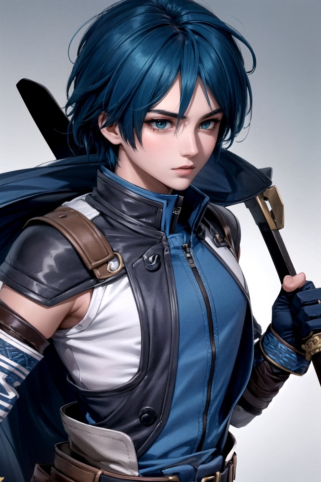 //Character, 1boy, solo,FaytLinegod_SO3, green eyes, blue hair, 
//Fashion, fingerless gloves, belt, weapon, sword, 
//Background, white background, 
//Quality, (masterpiece), best quality, ultra-high resolution, ultra-high definition, highres, intricate, intricate details, absurdres, highly detailed, finely detailed, ultra-detailed, ultra-high texture quality, natural lighting, natural shadow, dramatic shading, dramatic lighting, vivid colour, perfect anatomy, 
//Others, 