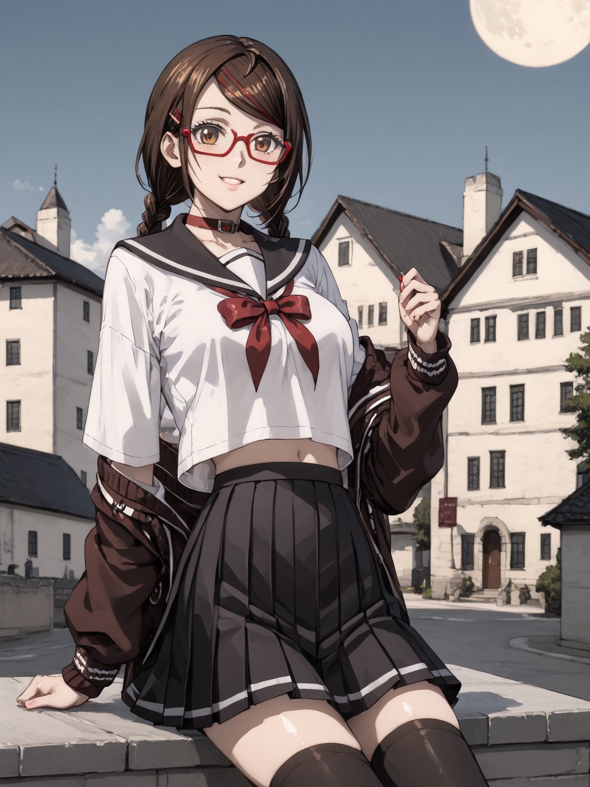 masterpiece, best quality, highres
,//Character, 
1girl, solo,SakimiyaMisaki, brown hair, twin braids, brown eyes, glasses, red-framed eyewear
,//Fashion, 
school uniform, hair ornament, hairclip, pleated skirt, black thighhighs
,//Background, 
,//Others, ,Expressiveh, 
A twin-tailed assassin girl perched on a rooftop, observing a medieval fantasy city at night.