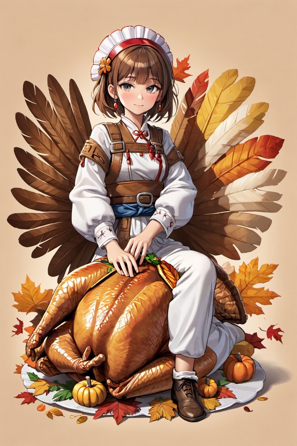 Seiza, ("THANKS GIVING 2023" text logo decorated, roasted turkey on your lap : 1.4), palms together, offering a prayer of thanksgiving, tears of gratitude, blushing, looking_at_viewer, cowboy_shot, 1girl