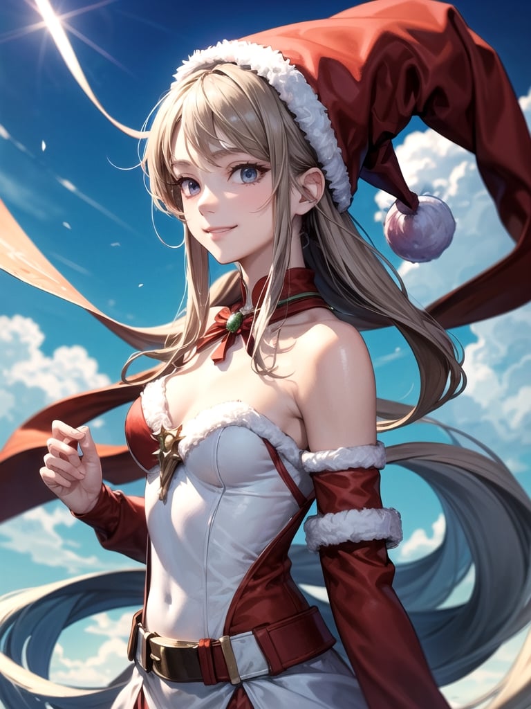 (masterpiece), (best quality), 8k illustration,
//Character,
santa, gentle smile, aura, Invincible, 
//Fashion,
santa_costume,
//Background,
Beautiful blue sky, calm sunshine, battlefield, Unlimited Blade Works