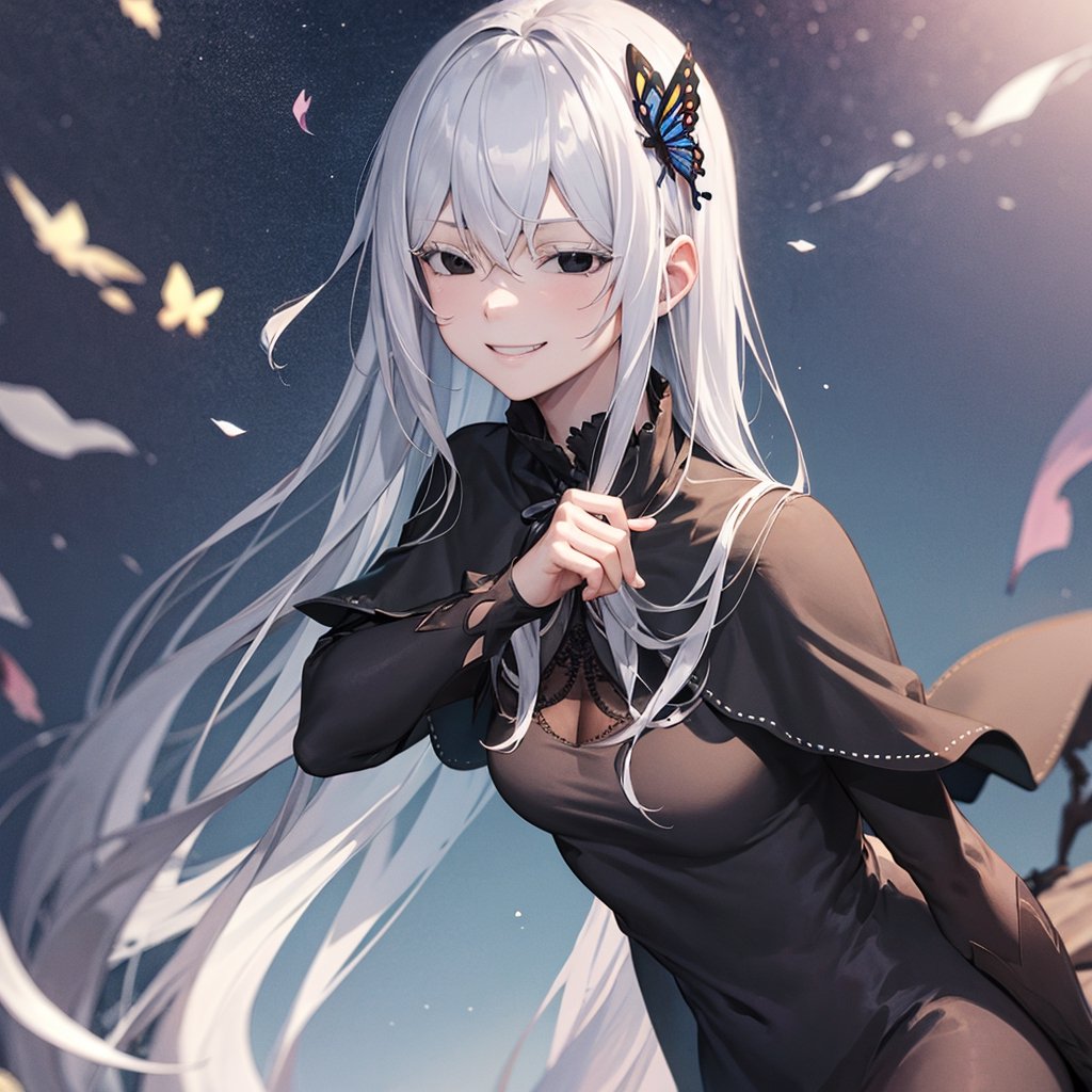 1 Girl, special ability, night, starry sky, shadow, detailed background, echidna, colored eyelashes, white hair, hair between eyes, long hair, straight hair, (black eyes:1.5),BREAK black capelet, black dress, butterfly hair ornament, capelet, dress, hair ornament, IncrsAnyasHehFaceMeme,grin