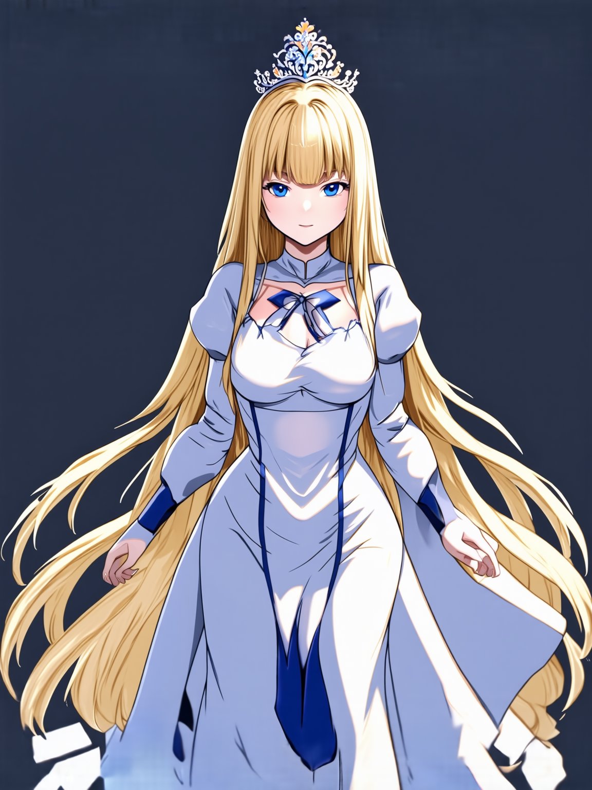 best quality, 8k, 8k UHD, ultra-high resolution, ultra-high definition, highres, 1girl, solo,Calca,Calca Bessarez,blonde hair,(extremely long hair:1.3),white tiara,white dress,blue eyes,medium breasts,blunt bangs