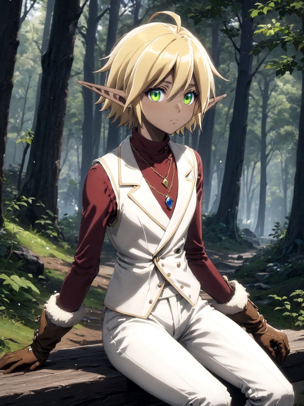 //Quality,
masterpiece, best quality, detailed
,//Character,
solo,Aura Bella Fiora \(overlord\), 1girl, short hair, blonde hair, hair between eyes, blue eyes, green eyes, heterochromia, pointy ears, dark skin, elf, ahoge
,//Fashion,
red shirt, long sleeves, brown gloves, necklace, white vest, white pants, brown footwear
,//Background,
forest
,//Others,