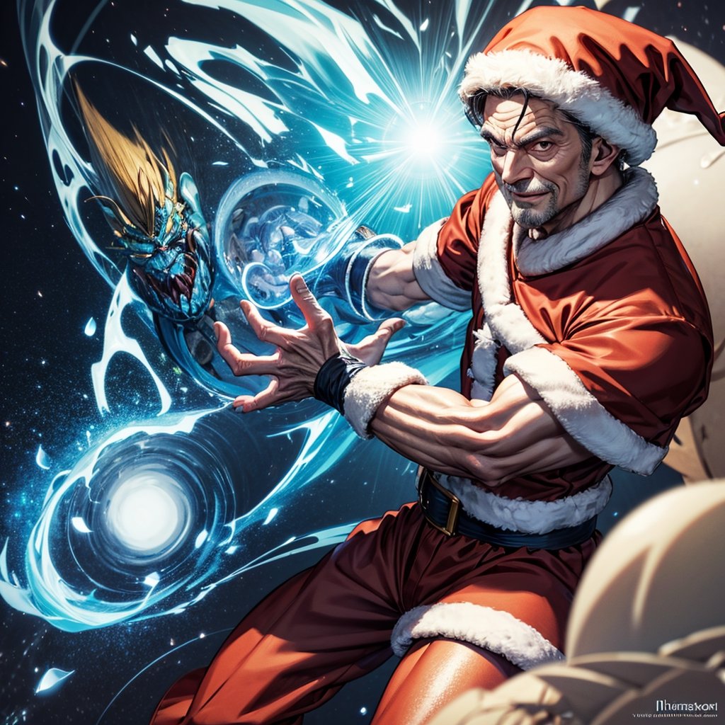 masterpiece, best quality, intricate design, Santa older_male, gentle smile, universe monster, battle, santa's kamehameha, ,kamehameha