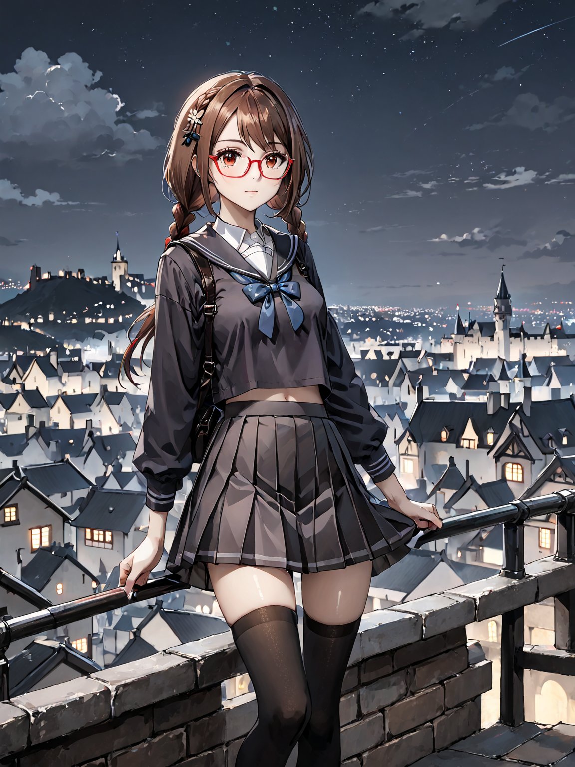 masterpiece, best quality, highres
,//Character, 
1girl, solo,SakimiyaMisaki, brown hair, twin braids, brown eyes, glasses, red-framed eyewear
,//Fashion, 
school uniform, hair ornament, hairclip, pleated skirt, black thighhighs
,//Background, 
,//Others, ,Expressiveh, 
A twin-tailed assassin girl perched on a rooftop, observing a medieval fantasy city at night.