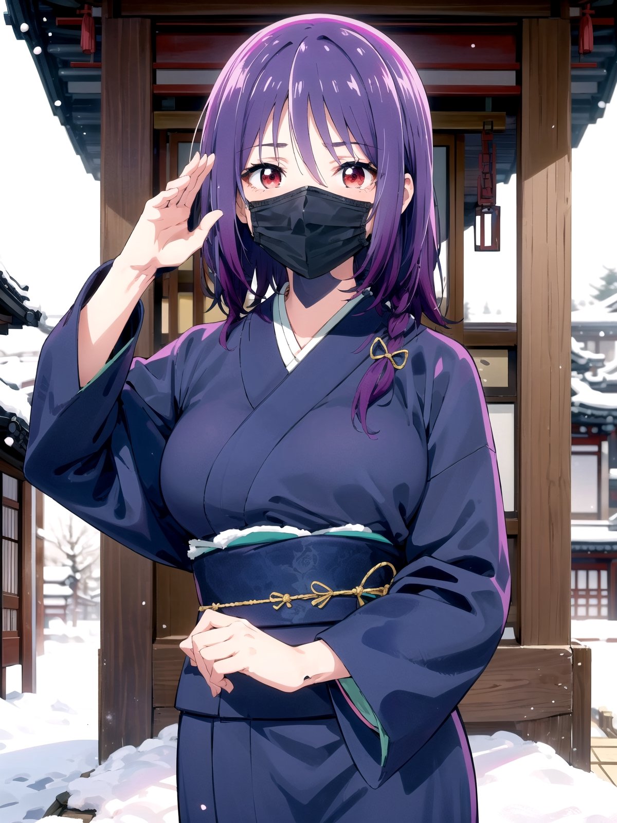 //Quality,
(masterpiece), (best quality), 8k illustration,
,//Character,
1girl, solo, 
,//Fashion,
details (dark blue silk brocade kimono)
,//Background,
Kyoto, outdoors, winter, snow
,//Others,
virus, mask, goodbye pose,Yuzuki