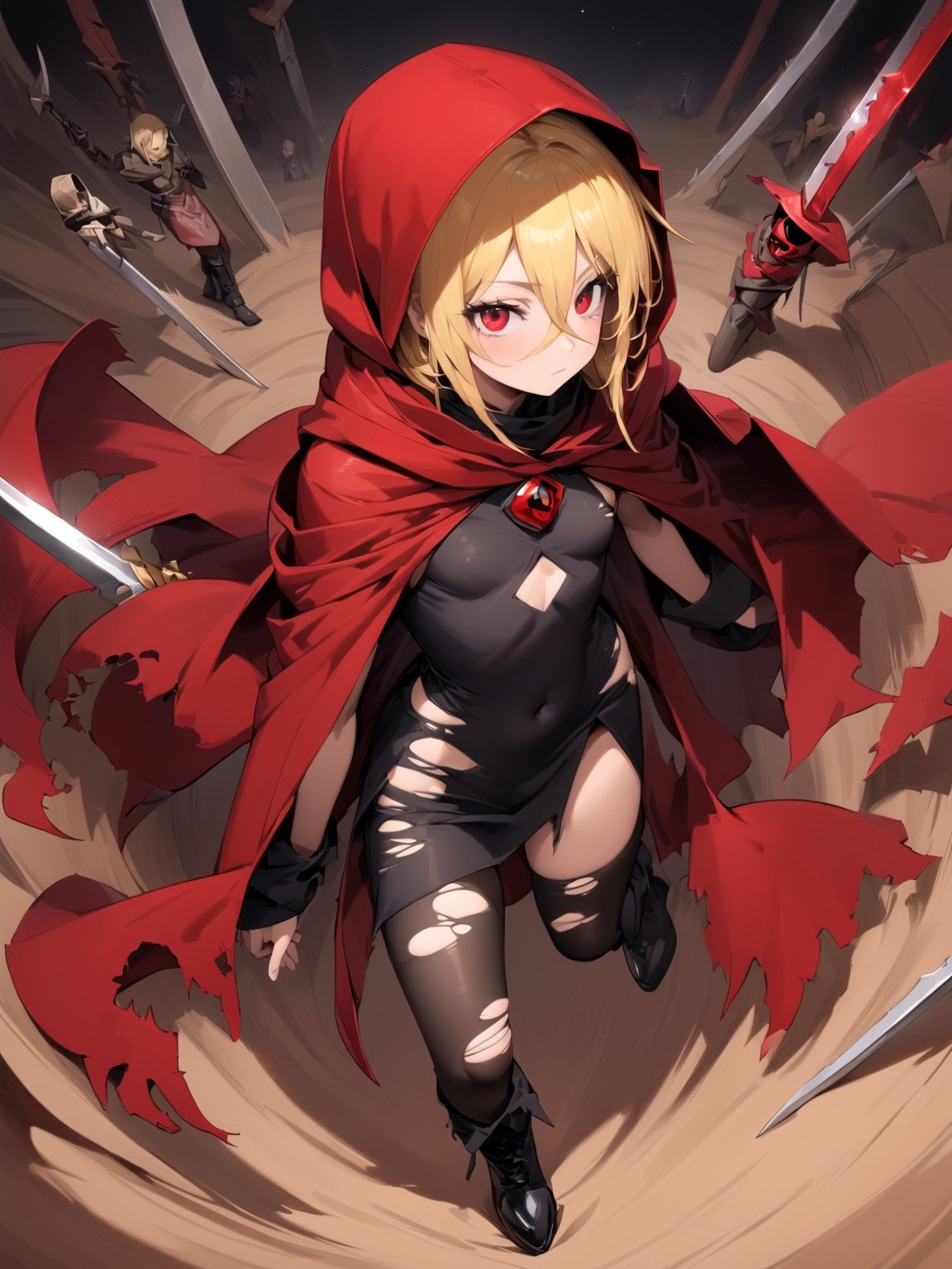 //Quality,
masterpiece, best quality, detailed
,//Character,
,Evileye \(overlord\), 1girl, solo, blonde hair, red eyes, hair between eyes, small breasts
,//Fashion,
hood, black dress, torn clothes, covered navel, red cloak, hooded cloak, black thighhighs, torn thighhighs, boots, black footwear
,//Background,
dune hill of Swords, starry_sky
,//Others,
hood up