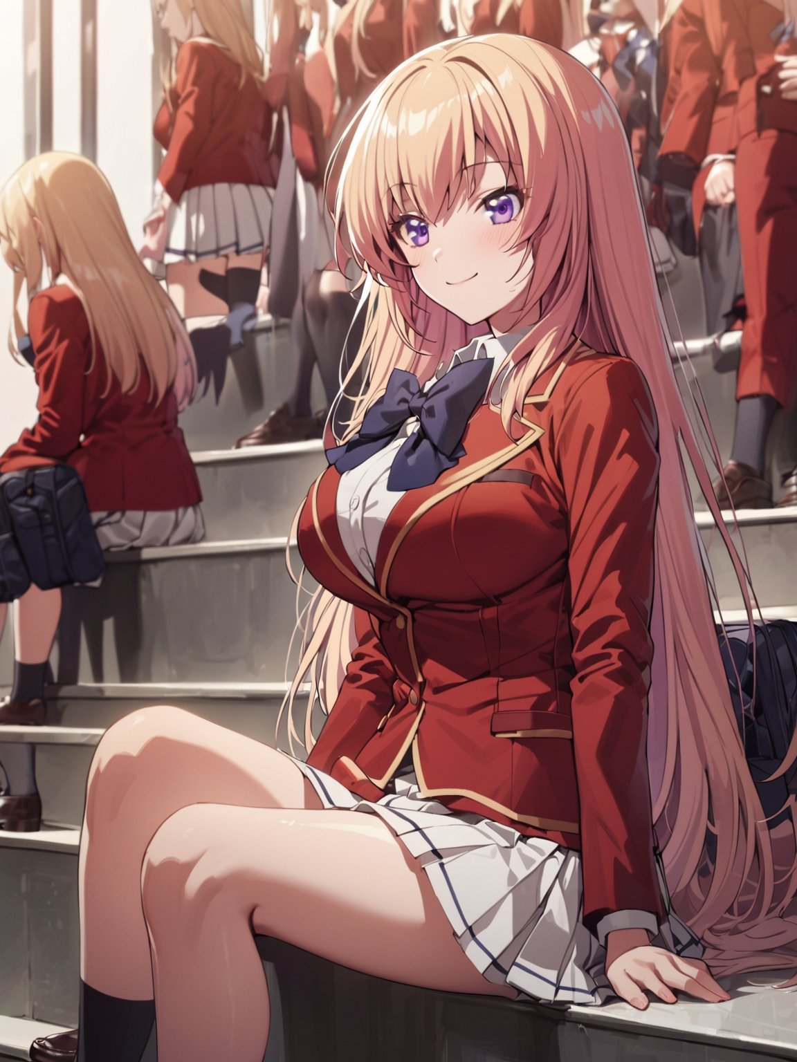 //Quality,
masterpiece, best quality, detailed
,//Character,
1girl, solo,ichinose honami, purple eyes , long hair, blonde hair
,//Fashion,
, school uniform, bow tie, red jacket, white skirt, pleated skirt
,//Background,
school stairs
,//Others,
sitting, smile