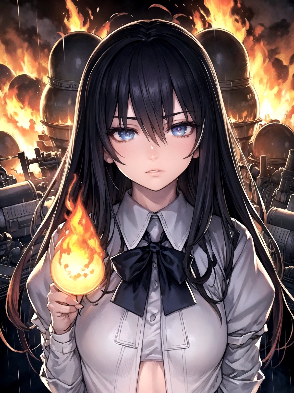 (((masterpiece))),best quality, illustration,(beautiful detailed girl),beautiful detailed glow,((flames of war)),(((nuclear explosion behide))),rain,detailed lighting,detailed water,(beautiful detailed eyes),expressionless,palace,azure hair,disheveled hair,long bangs,hairs between eyes,(whitegrey dress),black ribbon,white bowties,midriff,big forhead,blank stare,flower,long sleeves