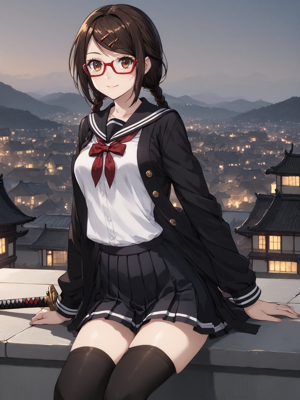 masterpiece, best quality, highres
,//Character, 
1girl, solo,SakimiyaMisaki, brown hair, twin braids, brown eyes, glasses, red-framed eyewear
,//Fashion, 
school uniform, hair ornament, hairclip, pleated skirt, black thighhighs
,//Background, 
,//Others, ,Expressiveh, 
A twin-tailed assassin girl perched on a rooftop, observing a medieval fantasy city at night.,Samurai_Girl, weapon, holding_weapon