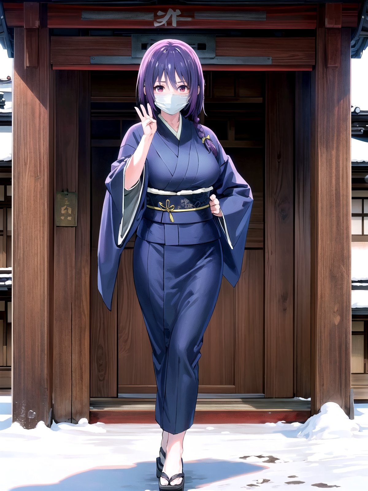 //Quality,
(masterpiece), (best quality), 8k illustration,
,//Character,
1girl, solo, 
,//Fashion,
details (dark blue silk brocade kimono)
,//Background,
Kyoto, outdoors, winter, snow
,//Others,
virus, mask, goodbye pose,Yuzuki