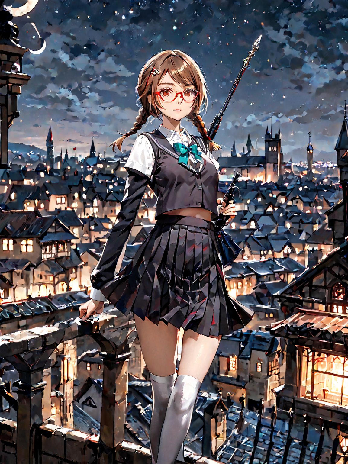 masterpiece, best quality, 8k, 8k UHD, ultra-high resolution, ultra-high definition, highres
,//Character, 
1girl, solo,SakimiyaMisaki, brown hair, twin braids, brown eyes, glasses, red-framed eyewear
,//Fashion, 
school uniform, hair ornament, hairclip, pleated skirt, black thighhighs
,//Background, 
,//Others, ,Expressiveh, 
A twin-tailed assassin girl perched on a rooftop, observing a medieval fantasy city at night.
, weapon, holding_weapon