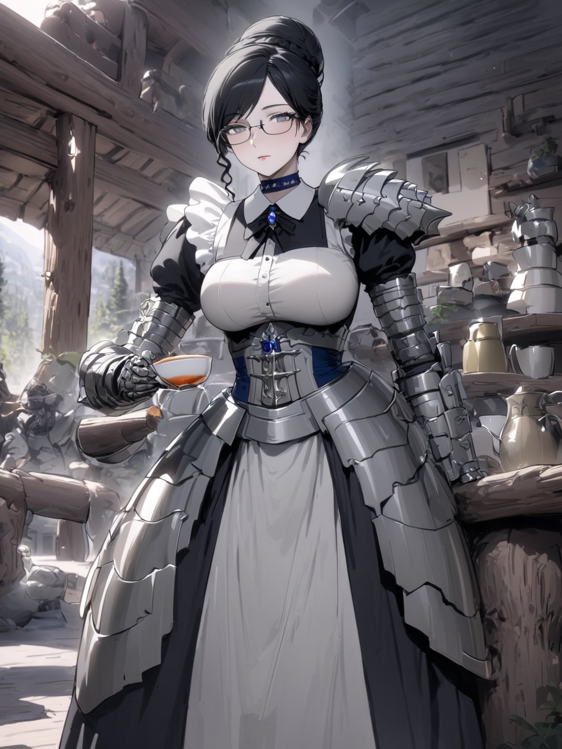 //Quality,
masterpiece, best quality, detailed
,//Character,
,Yuri Alpha \(overlord\), 1girl, solo, grey eyes, glasses, black hair, hair bun, breasts
,//Fashion,
dress, broach, choker, maid, armor, gauntlets, corset
,//Background,
log house, pouring tea
,//Others,
