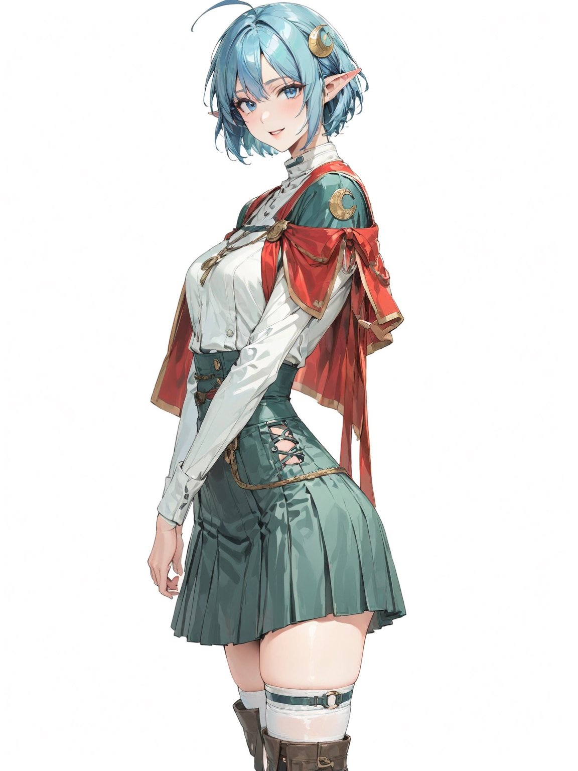 //Quality, masterpiece, best quality, detailmaster2, 8k, 8k UHD, ultra detailed, ultra-high resolution, ultra-high definition, highres, 
//Character, 1girl, solo, blue eyes, short hair, blue hair, pointy ears, ahoge,
//Fashion, red cape, skirt, thighhighs, crescent hair ornament,
//Background, white background, 
//Others, looking at viewer, smile, from_side