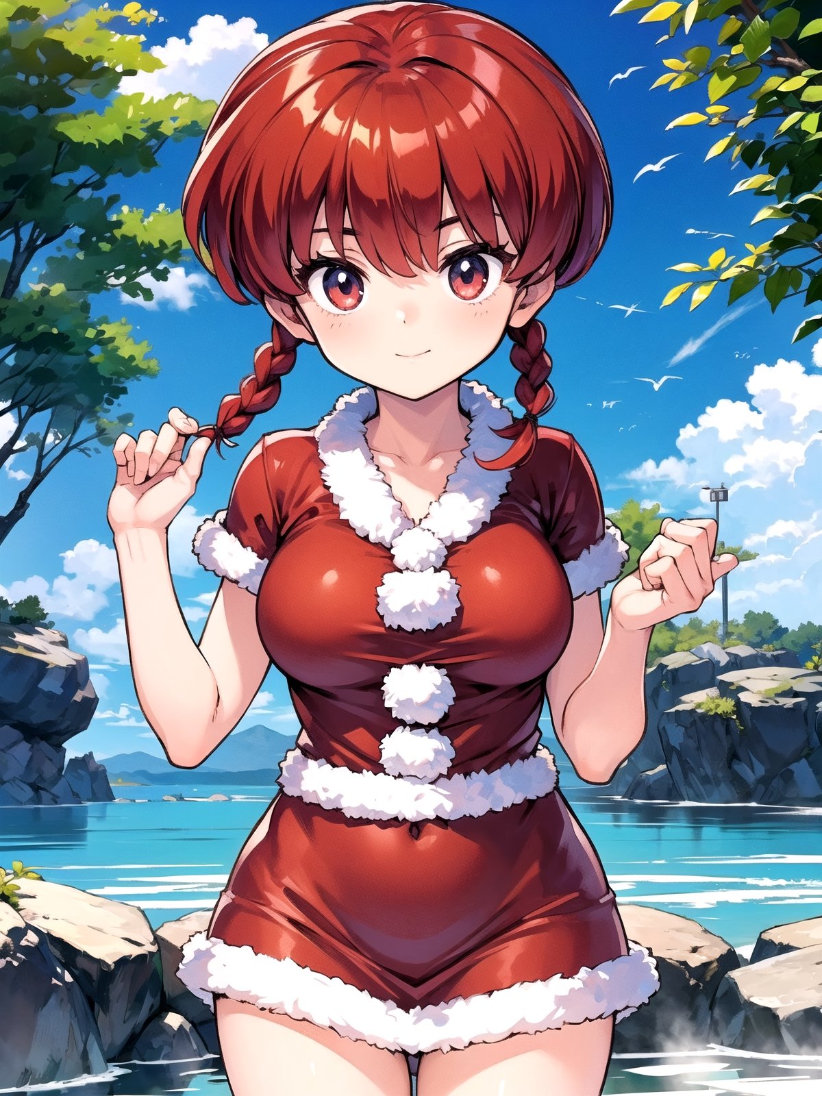 1girl, solo, Hot springs, Ranma style, female Santa,RanmaChan, red_hair,so-bin