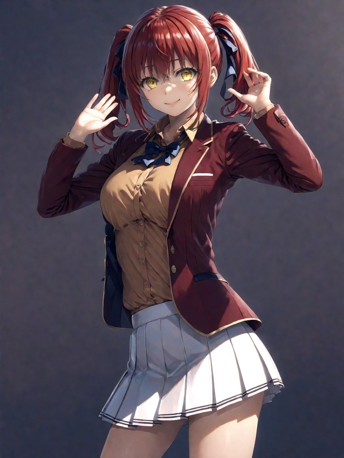 //Quality,
masterpiece, best quality, detailed
,//Character,
1girl, solo,AmasawaIchika, yellow eyes, red hair, twintails, medium breasts, bangs, hair between eyes, shiny hair, 
,//Fashion,
school uniform, red jacket, blazer, open jacket, long sleeves, open clothes, collared shirt, brown shirt, blue bowtie, hair ribbon, red ribbon, pleated skirt, white skirt, miniskirt, black footwear, black socks, loafers
,//Background,
,//Others,
standing, full body, closed mouth, smile, hand up