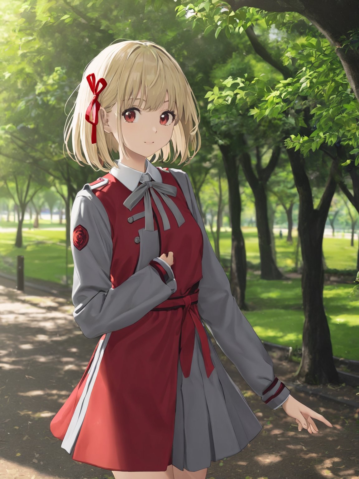 //Quality,
photo r3al, detailmaster2, masterpiece, photorealistic, 8k, 8k UHD, best quality, ultra realistic, ultra detailed, hyperdetailed photography, real photo
,//Character,
1girl, solo
,//Fashion,
,//Background,
park
,//Others,
,nishikigi chisato, bob cut, hair ribbon, lycoris uniform, two-tone dress, red dress, grey dress, neck ribbon, long sleeves