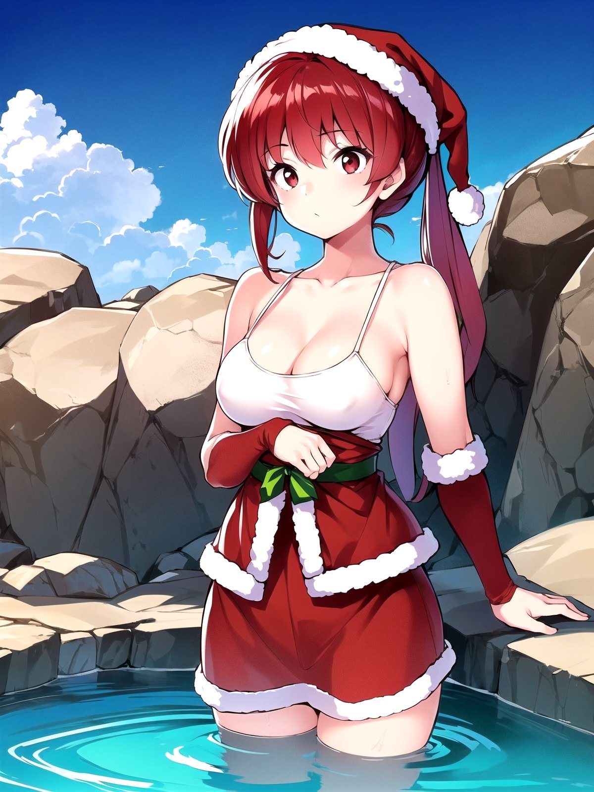 1girl, solo, Hot springs, Ranma style, female Santa,RanmaChan, red_hair,so-bin