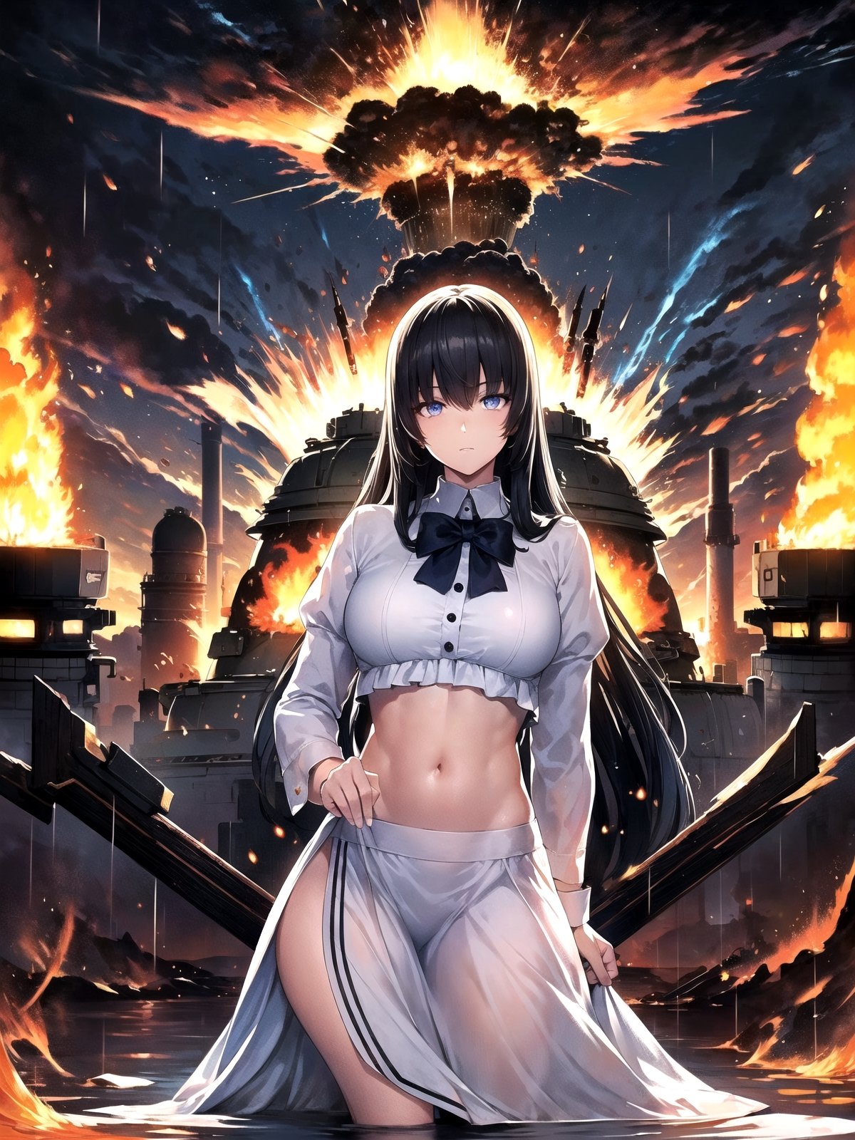 (((masterpiece))),best quality, illustration,(beautiful detailed girl),beautiful detailed glow,((flames of war)),(((nuclear explosion behide))),rain,detailed lighting,detailed water,(beautiful detailed eyes),expressionless,palace,azure hair,disheveled hair,long bangs,hairs between eyes,(whitegrey dress),black ribbon,white bowties,midriff,big forhead,blank stare,flower,long sleeves