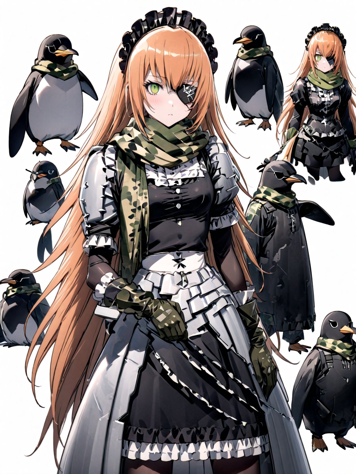 score_9,score_8_up,score_7_up,score_6_up, masterpiece, best quality
,//Character, 
1girl, solo,cz2128_delta \(overlord\), long hair, green eyes, orange hair, eyepatch
,//Fashion, 
maid, maid headdress, camouflage, green scarf, gloves, dress, armor
,//Background, white_background
,//Others,
(holding large Stuffed Penguin:1.3)
