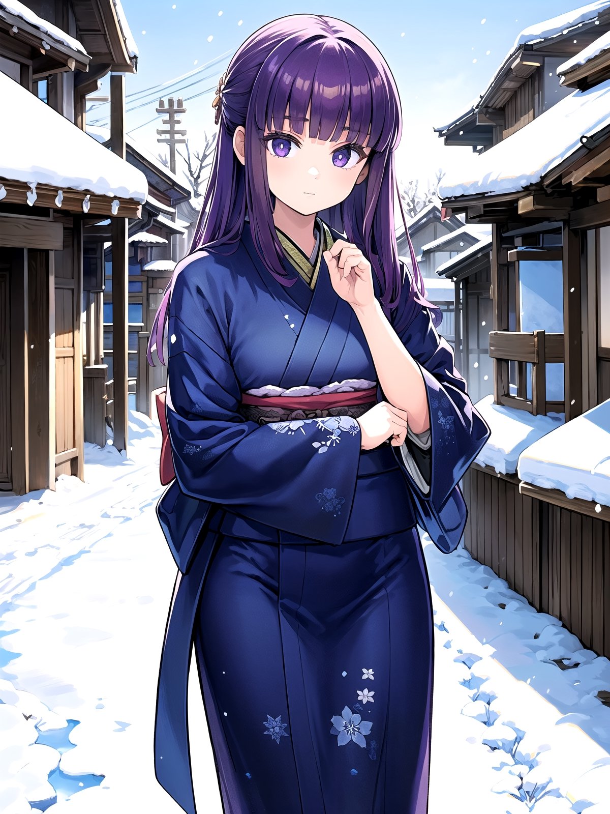 //Quality,
(masterpiece), (best quality), 8k illustration,
,//Character,
1girl, solo,
,//Fashion,
details (dark blue silk brocade kimono)
,//Background,
Kyoto, outdoors, winter, snow
,//Others,
goodbye pose,aafern, long hair, purple hair