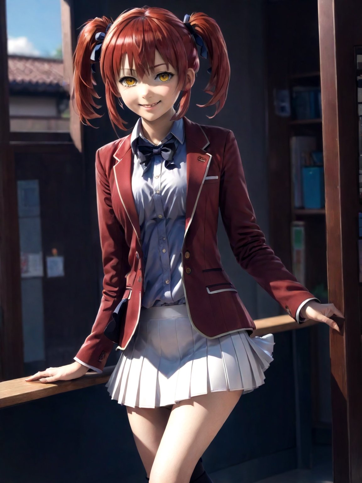 //Quality,
masterpiece, best quality, detailed
,//Character,
1girl, solo,AmasawaIchika, yellow eyes, red hair, twintails, medium breasts, bangs, hair between eyes, shiny hair, 
,//Fashion,
school uniform, red jacket, blazer, open jacket, long sleeves, open clothes, collared shirt, brown shirt, blue bowtie, hair ribbon, red ribbon, pleated skirt, white skirt, miniskirt, black footwear, black socks, loafers
,//Background,
,//Others,
standing, full body, closed mouth, smile, hand up, AmasawaIchika