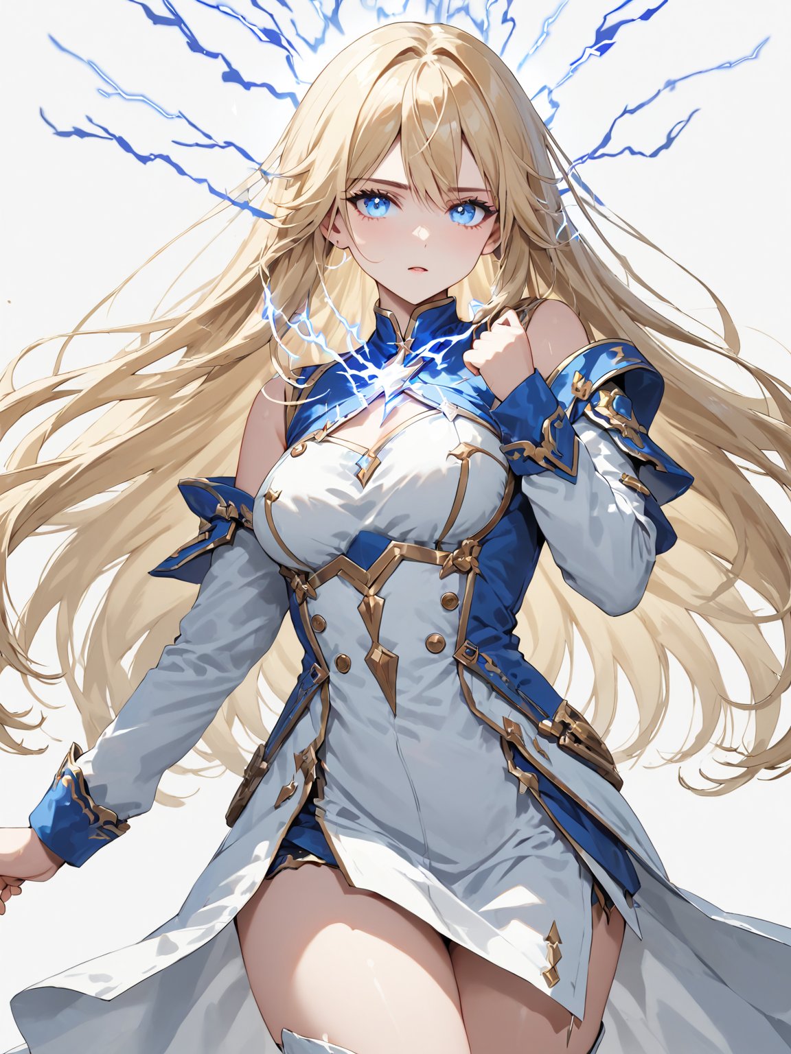 score_9,score_8_up,score_7_up,score_6_up, masterpiece, best quality, 8k, 8k UHD, ultra-high resolution, ultra-high definition, highres
,//Character, 
1girl, solo, long hair, blonde hair, blue eyes
,//Fashion, 

,//Background, white_background
,//Others, ,Expressiveh, 
lightning magic charging