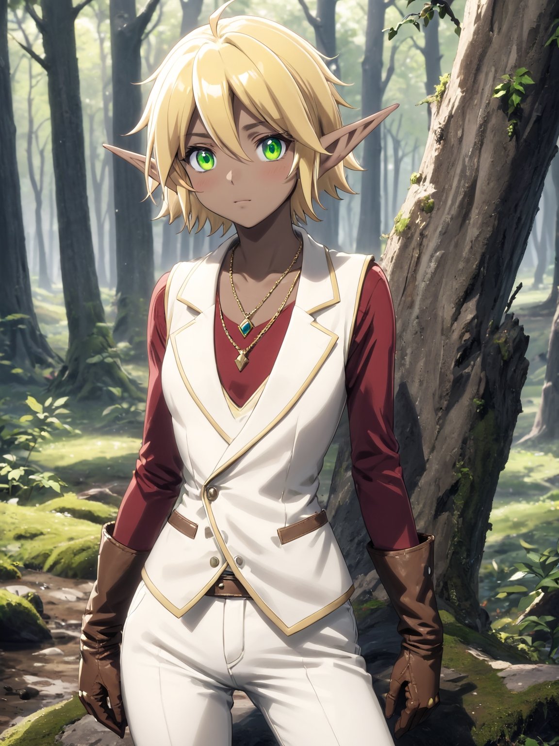 //Quality,
masterpiece, best quality, detailed
,//Character,
solo,Aura Bella Fiora \(overlord\), 1girl, short hair, blonde hair, hair between eyes, blue eye, green eye, heterochromia, pointy ears, dark skin, elf, ahoge
,//Fashion,
red shirt, long sleeves, brown gloves, necklace, white vest, white pants, brown footwear
,//Background,
forest
,//Others,