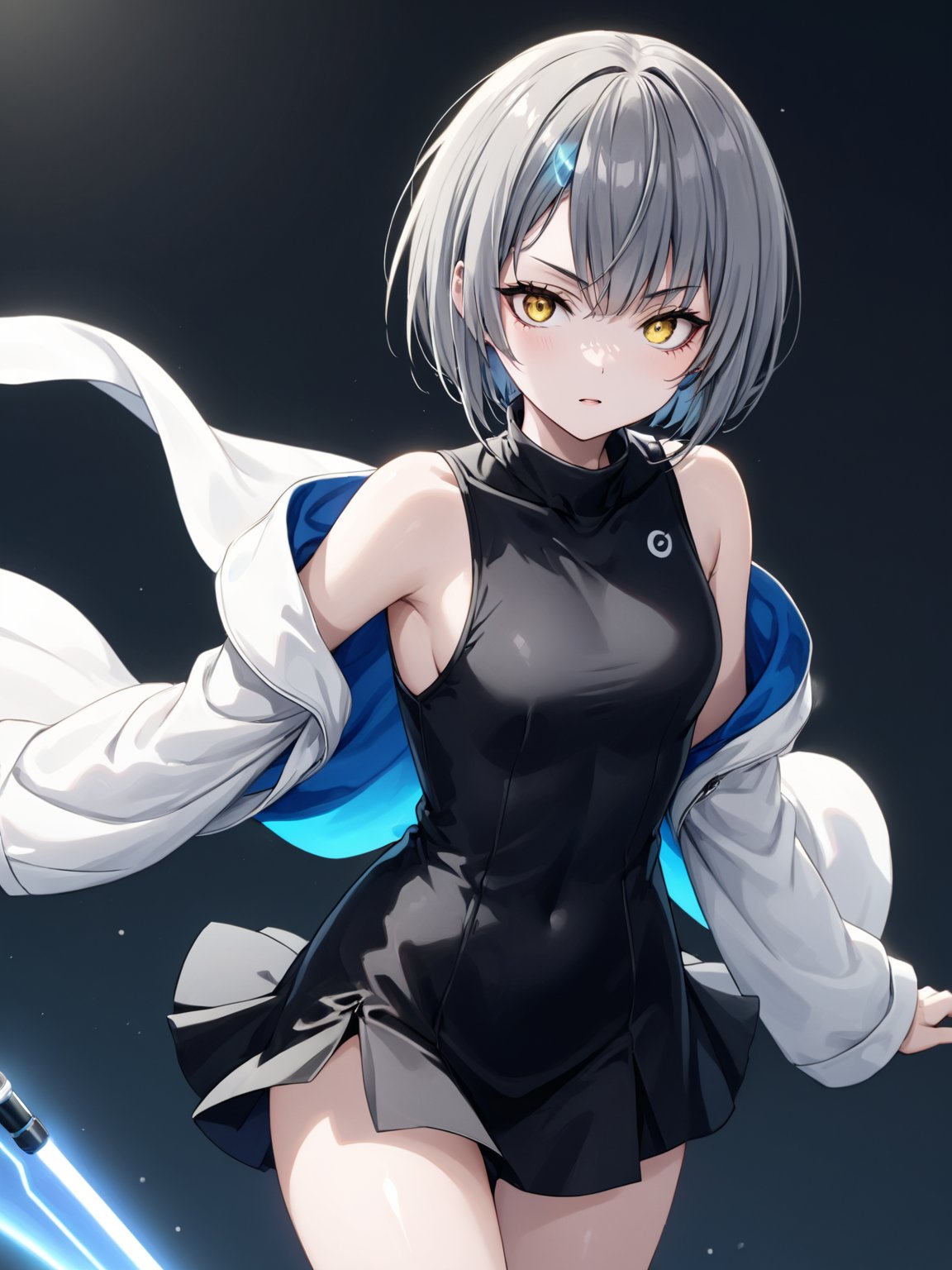 best quality, 8k, 8k UHD, ultra-high resolution, ultra-high definition, highres
,//Character, 
1girl, solo
,//Fashion, 
,//Background, 
,//Others, ,Expressiveh, 
Ataru, short hair, grey hair, yellow eyes, heterochromia, glowing, single horn, dress, legs,
A martial artist mid-kick, her gi revealing a glimpse of athletic physique.