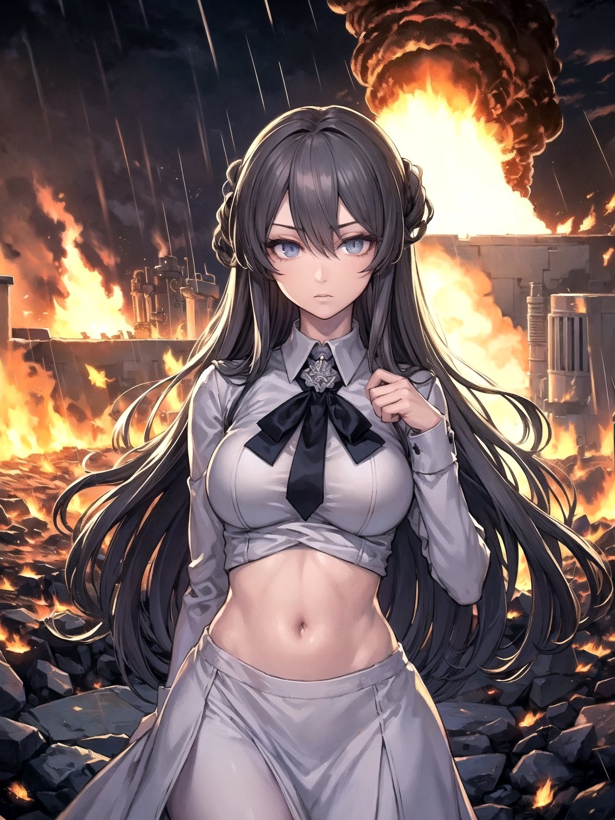 (((masterpiece))),best quality, illustration,(beautiful detailed girl),beautiful detailed glow,((flames of war)),(((nuclear explosion behide))),rain,detailed lighting,detailed water,(beautiful detailed eyes),expressionless,palace,azure hair,disheveled hair,long bangs,hairs between eyes,(whitegrey dress),black ribbon,white bowties,midriff,big forhead,blank stare,flower,long sleeves