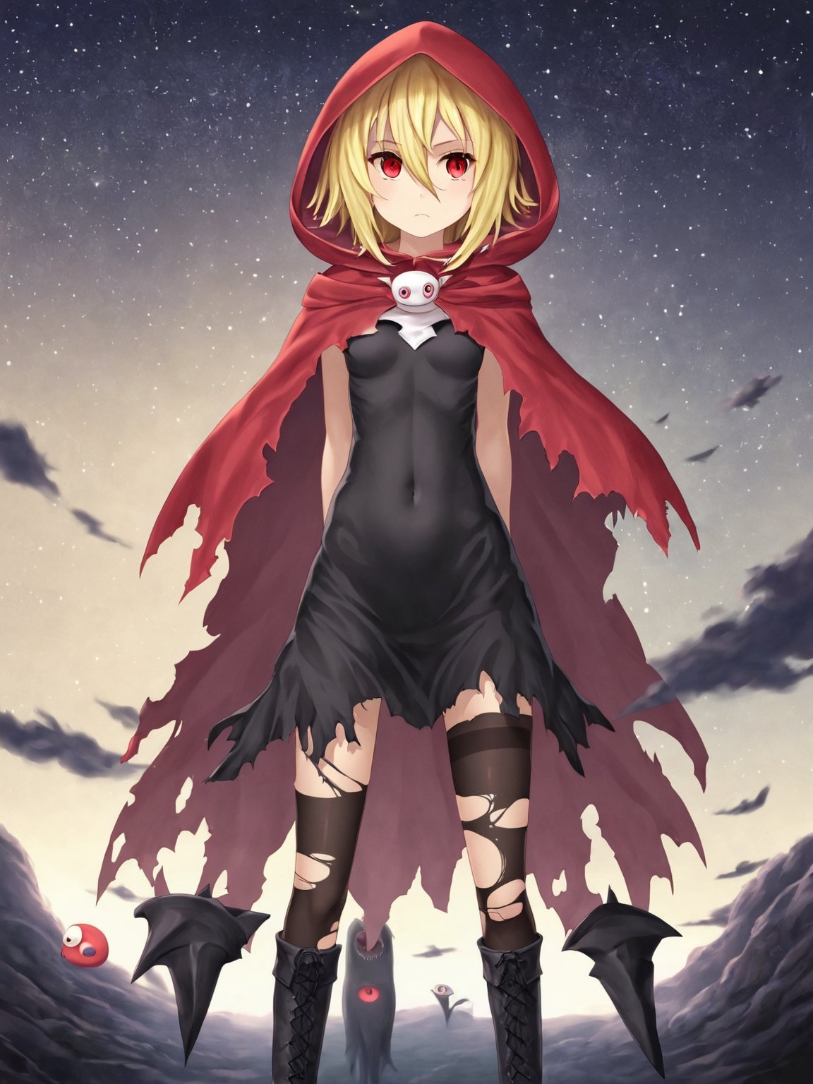 //Quality,
masterpiece, best quality, detailed
,//Character,
,Evileye \(overlord\), 1girl, solo, blonde hair, red eyes, hair between eyes, small breasts
,//Fashion,
hood, black dress, torn clothes, covered navel, red cloak, hooded cloak, black thighhighs, torn thighhighs, boots, black footwear
,//Background,
night_sky, starry_sky
,//Others,
hood down, arms at sides