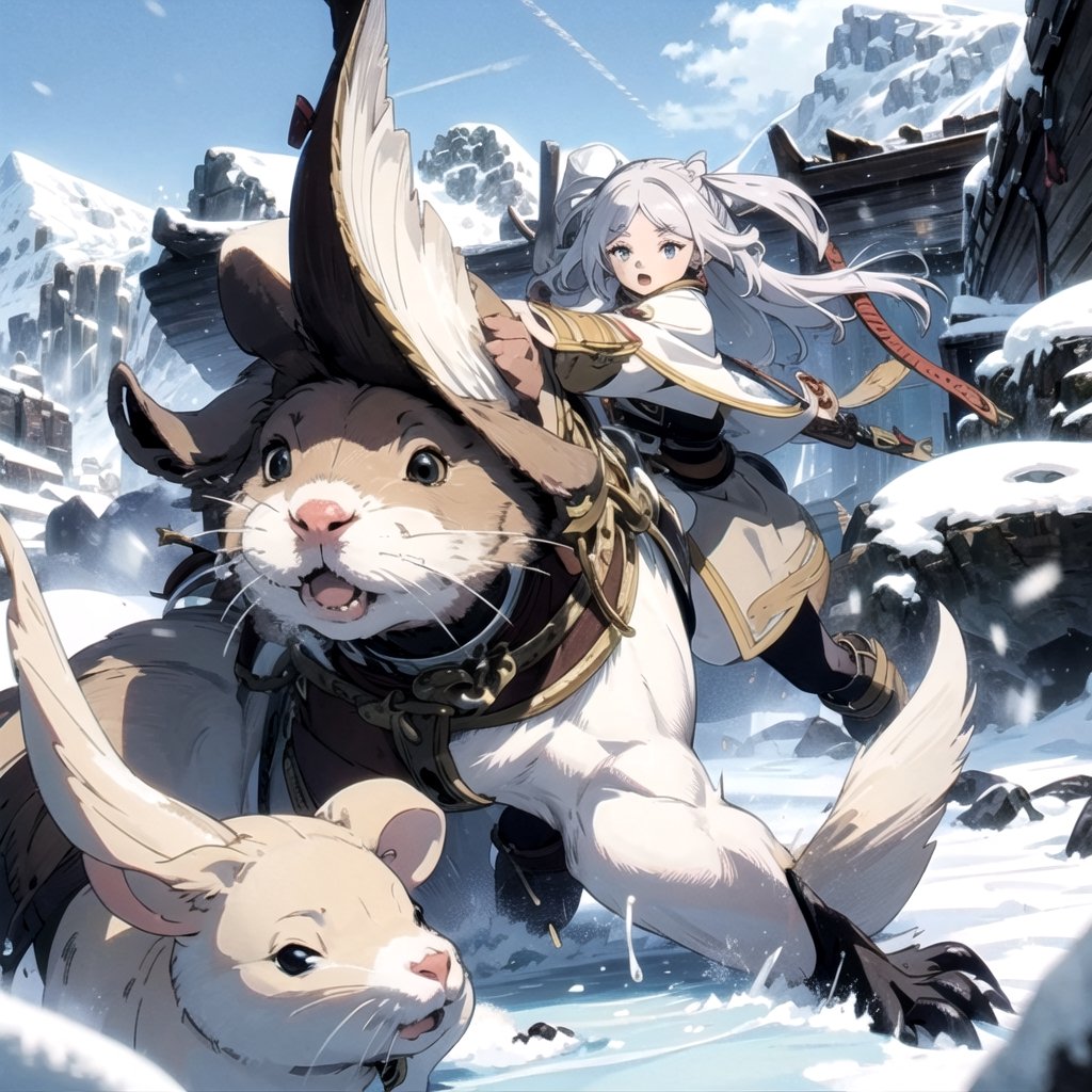 1Girl, battles with hamsters, snowy mountains, Frieren who unleash attack magic,Frieren