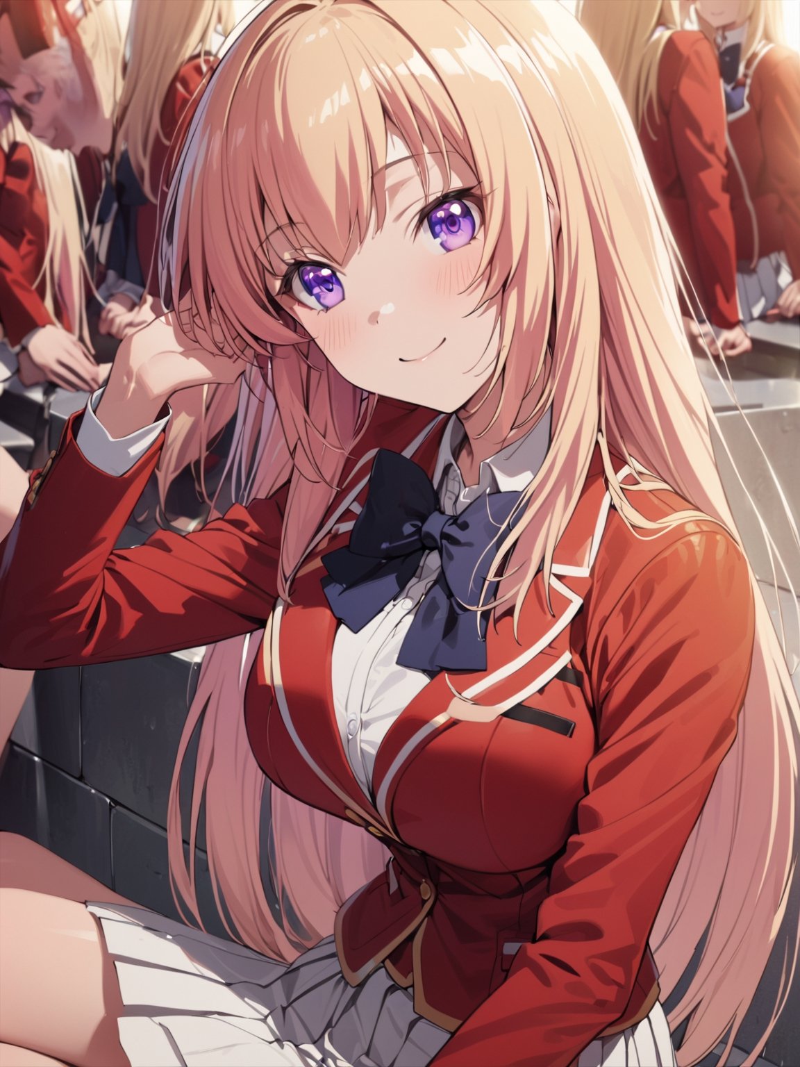 //Quality,
masterpiece, best quality, detailed
,//Character,
1girl, solo,ichinose honami, purple eyes , long hair, blonde hair
,//Fashion,
, school uniform, bow tie, red jacket, white skirt, pleated skirt
,//Background,
school stairs
,//Others,
sitting, smile