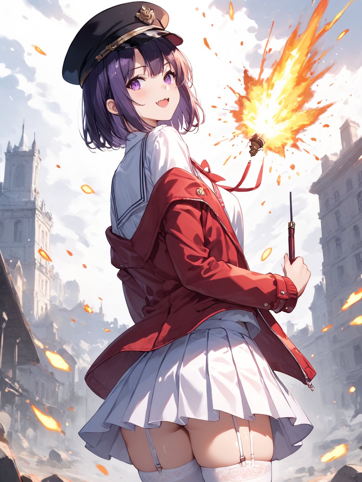 score_9,score_8_up,score_7_up,score_6_up, masterpiece, best quality, 8k, 8k UHD, ultra-high resolution, ultra-high definition, highres
,//Character, 
1girl, solo, short hair, shiny_hair, purple_eyes,
,//Fashion, 
school_uniform, red_jacket, hair_ribbon, black_hat, white_shirt, pleated_skirt, white_skirt, white_thighhighs, garter_straps
,//Background, white_background
,//Others, ,Expressiveh, explosion, back view, looking at viewer, looking back, fang