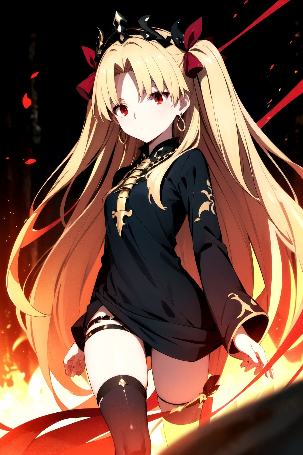 //Quality,
(masterpiece), (best quality), 8k illustration
,//Character,
1girl, solo
,//Fashion,
,//Background,
white_background
,//Others,
,ereshkigal, ereshkigal \(fate\), long hair, blonde hair, very long hair, two side up, tiara, (red eyes:1.3), ribbon, hair ribbon, red ribbon, (parted bangs:1.5),BREAK thighhighs, dress, jewelry, earrings, black dress, single thighhigh, asymmetrical legwear, uneven legwear, single sleeve, spine, hair bow