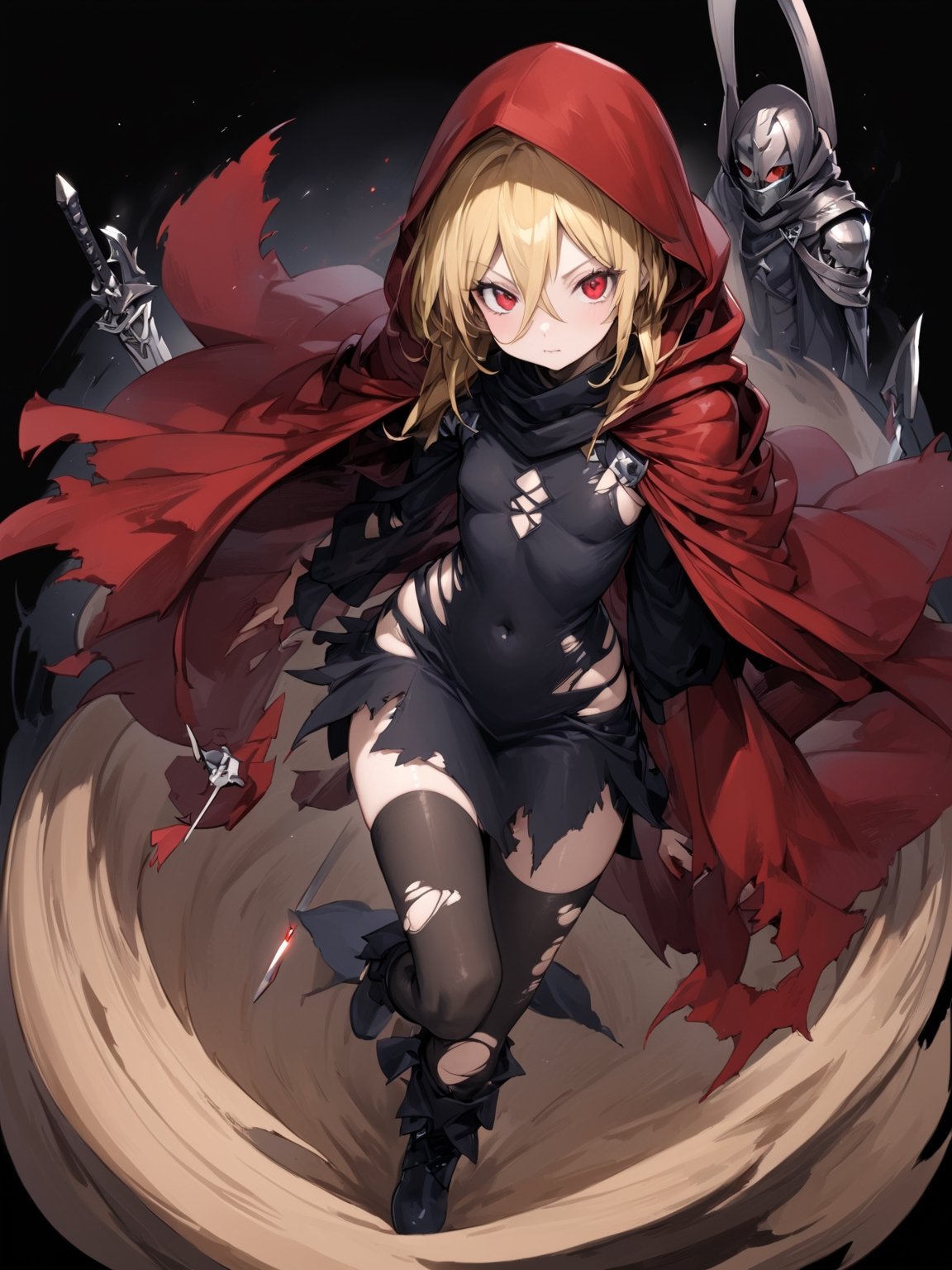 //Quality,
masterpiece, best quality, detailed
,//Character,
,Evileye \(overlord\), 1girl, solo, blonde hair, red eyes, hair between eyes, small breasts
,//Fashion,
hood, black dress, torn clothes, covered navel, red cloak, hooded cloak, black thighhighs, torn thighhighs, boots, black footwear
,//Background,
dune hill of Swords, starry_sky
,//Others,
hood up