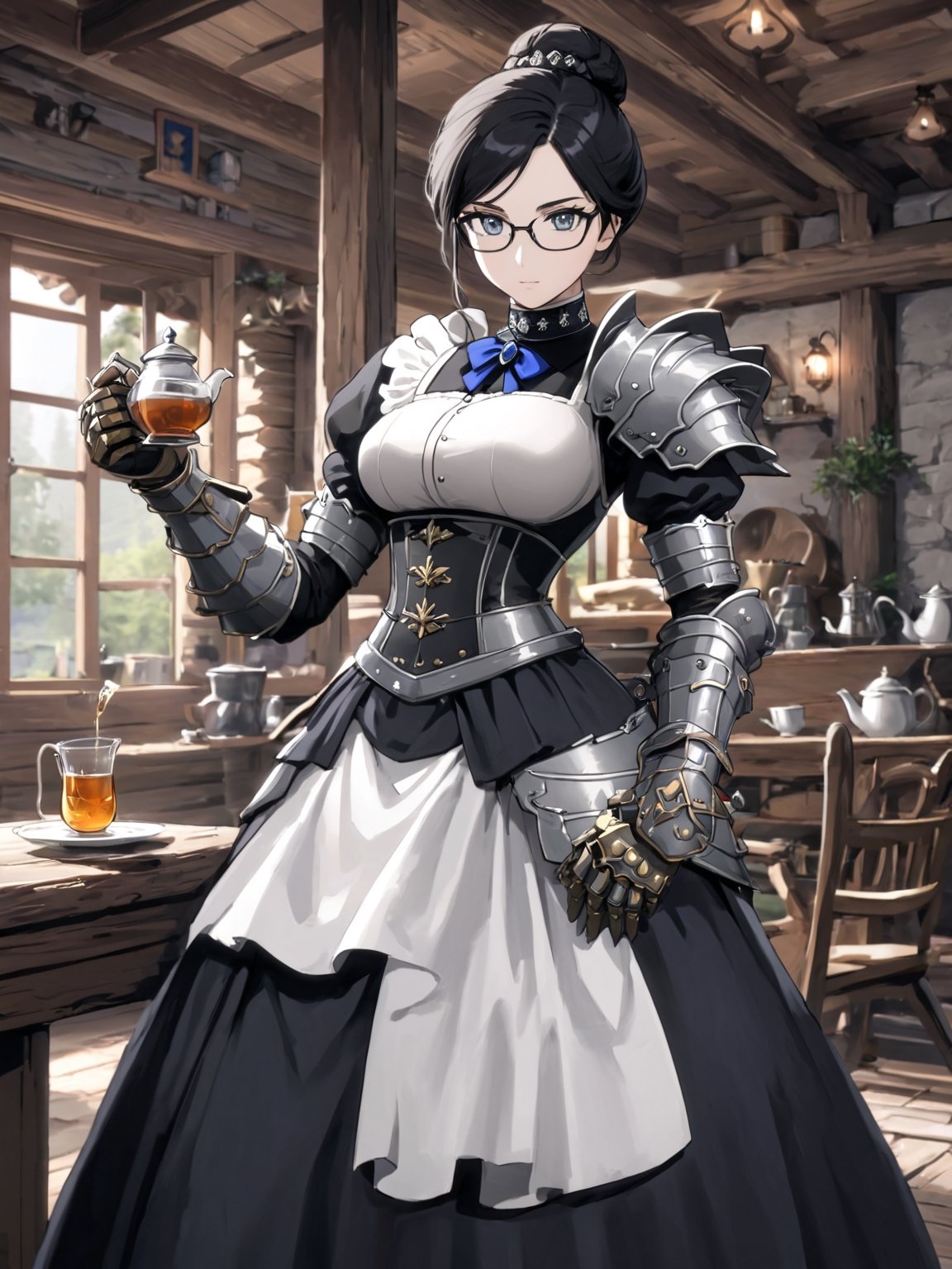 //Quality,
masterpiece, best quality, detailed
,//Character,
solo,
,//Fashion,
,//Background,
log house, pouring tea
,//Others,
,Yuri Alpha \(overlord\), 1girl, grey eyes, glasses, black hair, hair bun, breasts, dress, broach, choker, maid, armor, gauntlets, corset